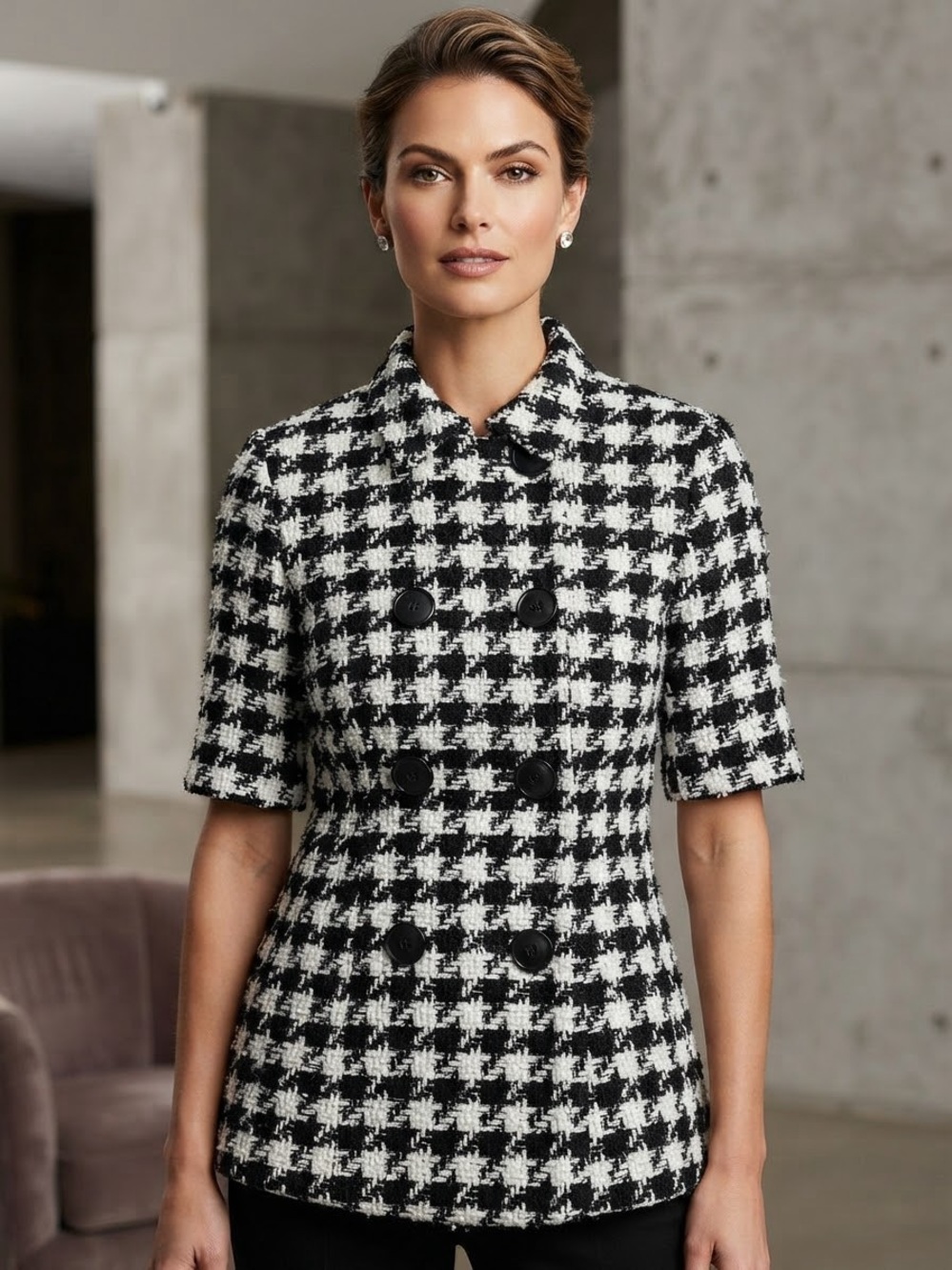 Worthington Y2K Black & White Houndstooth Double-Breasted Short-Sleeve Jacket